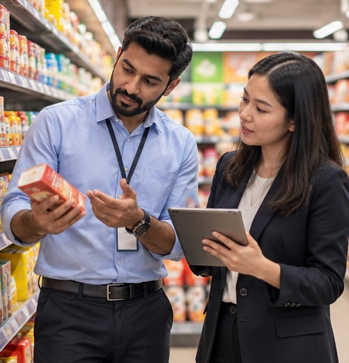 Consultants reviewing a retail product with a colleague