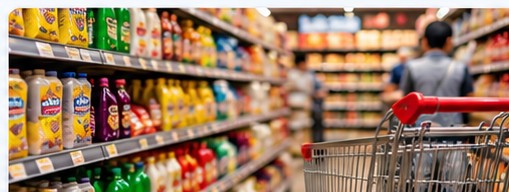 Bright supermarket aisle with neatly stocked grocery and consumer product shelves