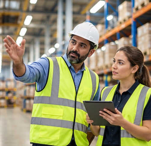 Warehouse operations colleagues discussing logistics