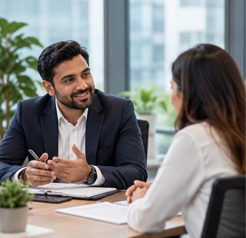 Recruiter speaking with a candidate during a professional interview