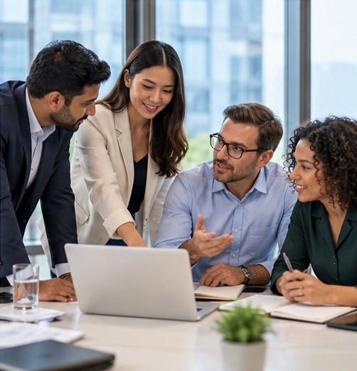 Colleagues collaborating around a laptop in a modern office